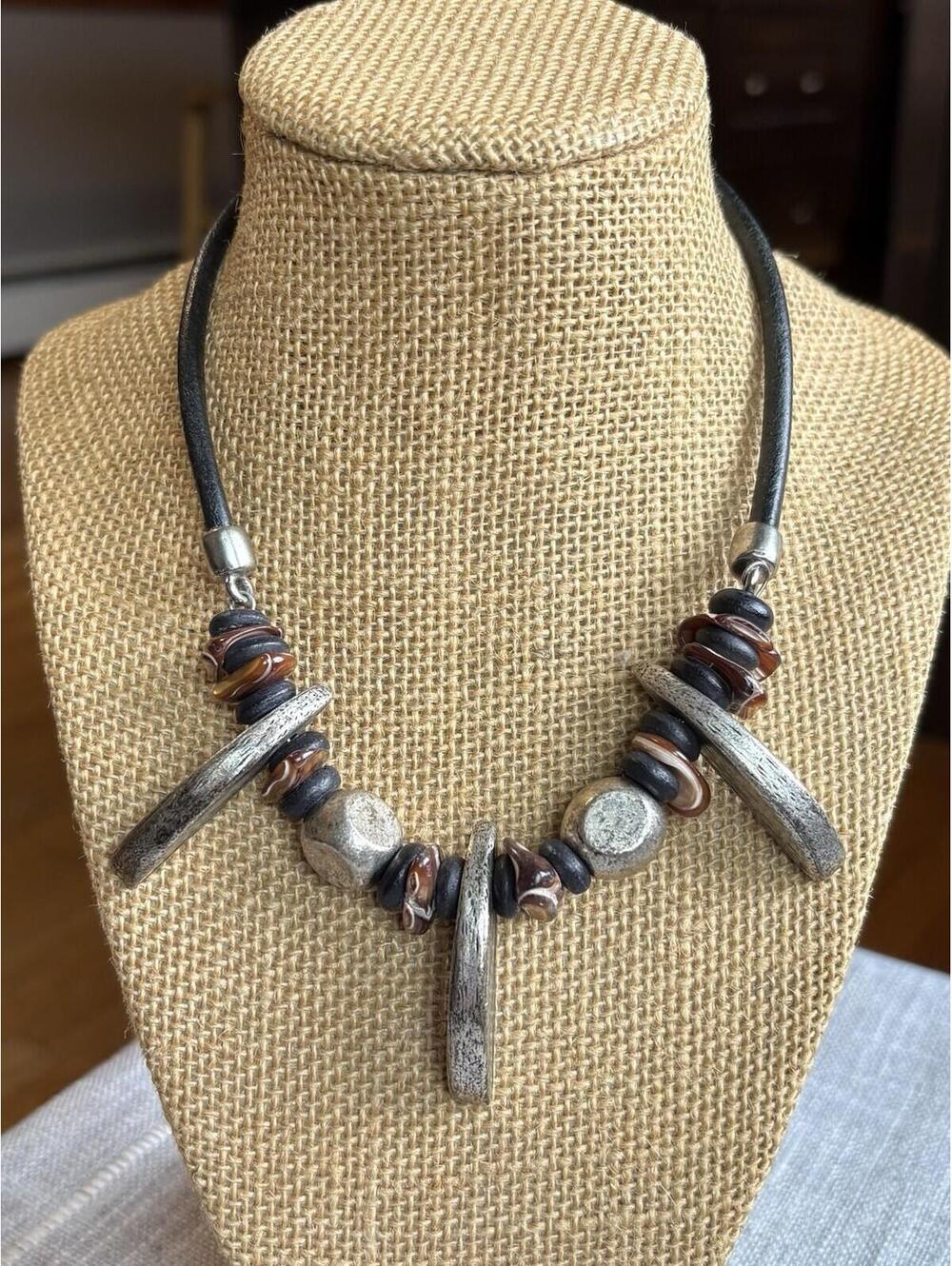 Chico's Statement Necklace Black Cord Silver Tone Beads Brown Shell Accent